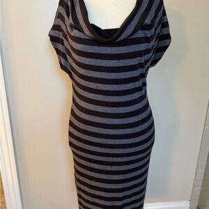 Nally & Millie Reversible Black and Gray Striped Midi Dress